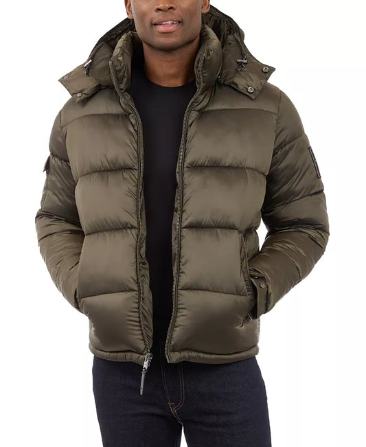 Michael Kors Chaqueta acolchada con capucha y acabado metálico de peso pesado para hombre Olivo / OFERTA ESPECIAL