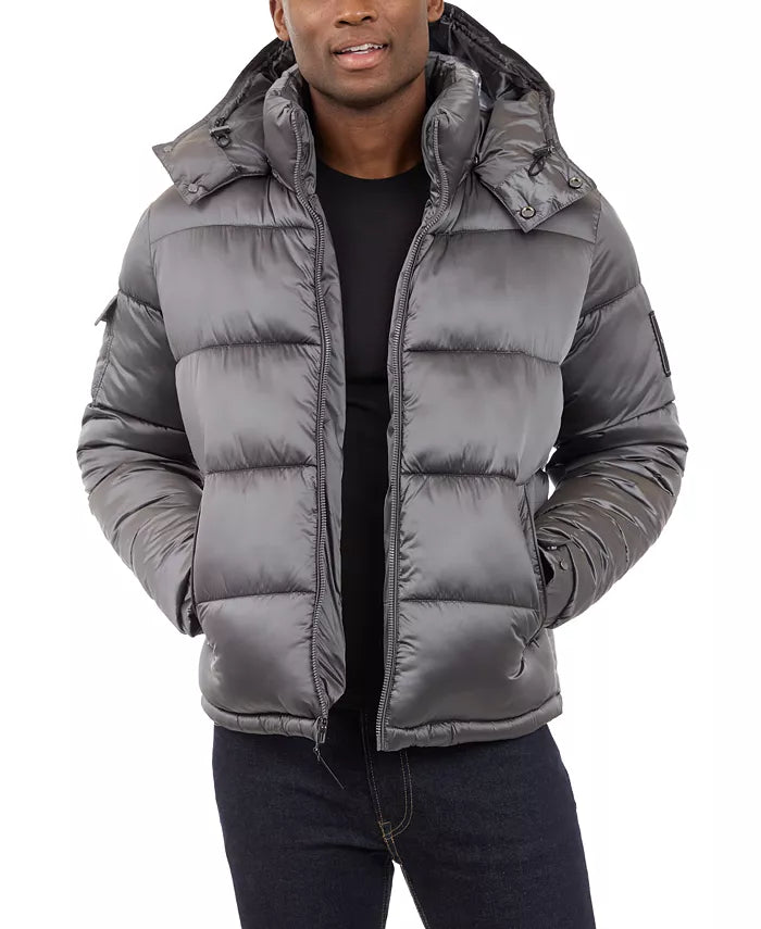 Michael Kors Chaqueta acolchada con capucha y acabado metálico de peso pesado para hombre Gris / OFERTA ESPECIAL