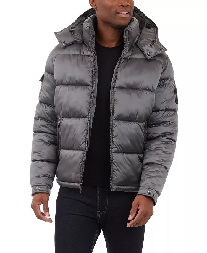 Michael Kors Chaqueta acolchada con capucha y acabado metálico de peso pesado para hombre Gris / OFERTA ESPECIAL