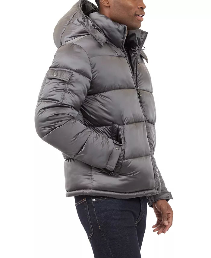 Michael Kors Chaqueta acolchada con capucha y acabado metálico de peso pesado para hombre Gris / OFERTA ESPECIAL