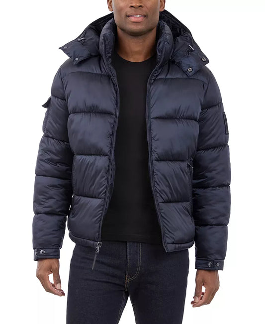 Michael Kors Chaqueta acolchada con capucha y acabado metálico de peso pesado para hombre Azul / OFERTA ESPECIAL