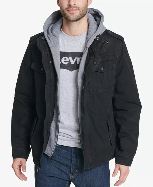 Levi´s Chaqueta estilo camionero con capucha y dos bolsillos con forro de sherpa para hombre Negro / Oferta Especial