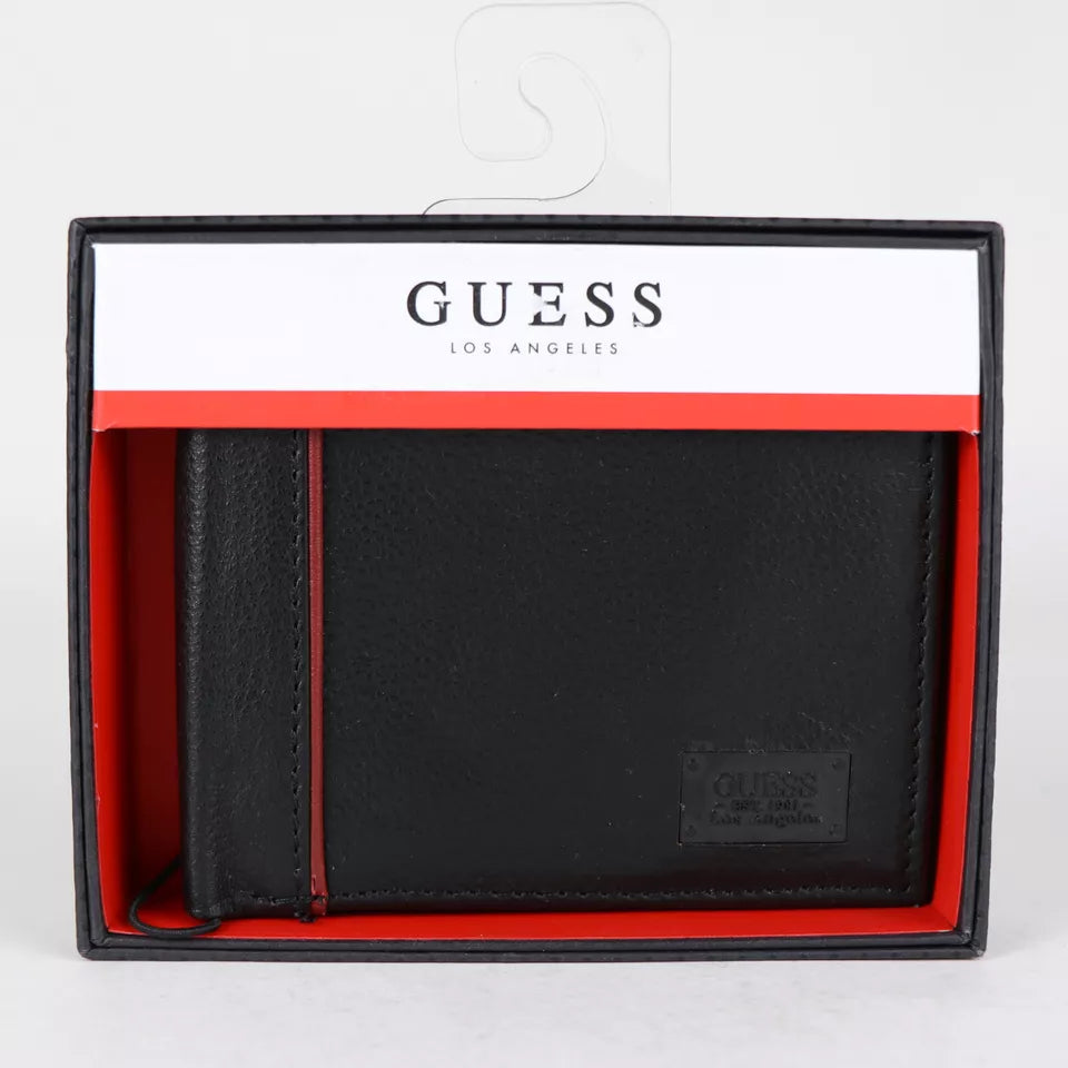 Cartera de cuero GUESS para hombre con detalles en rojo y dos pliegues / Regala esta Navidad